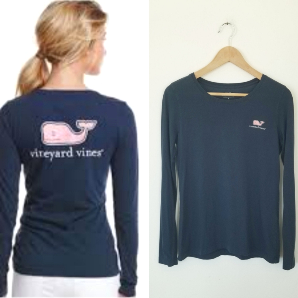 Vineyard Vines Women Logo Graphic T-Shirt Long-Sleeve Round Neck Navy Size Small